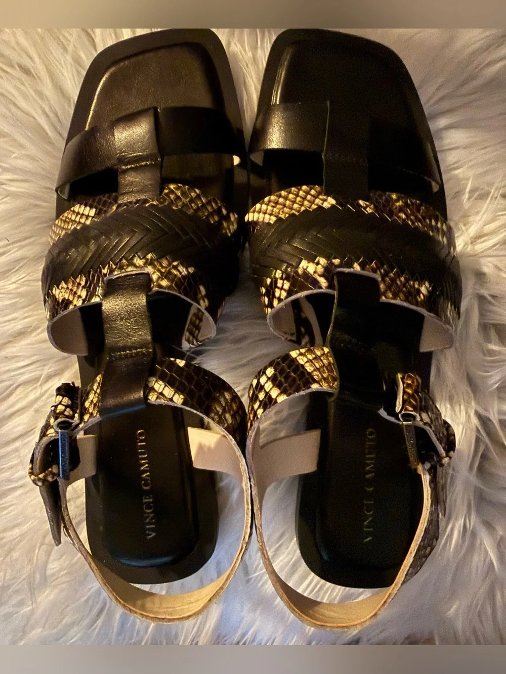 VINCE CAMUTO Bachelun Snakeskin Woven Leather Square Toe Sandals. NWOT